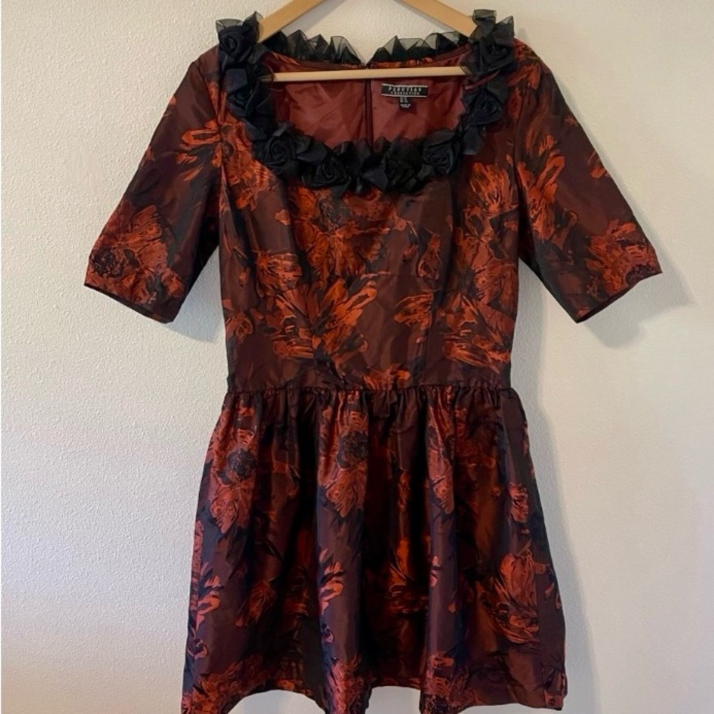 Peruvian Connection Marilyn Party Dress Red Black Floral Taffeta Rosette Neck-10